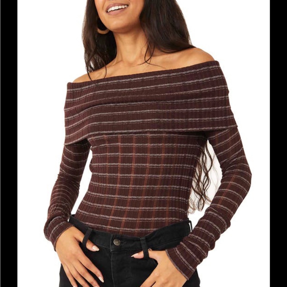 Free People Off-Shoulder Ribbed Brown Striped Sweater